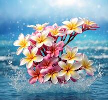 ai gerado frangipani flores com água respingo em azul mar fundo. foto