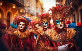 ai gerado feliz mardi gras poster. pessoas dentro uma vermelho fantasias e máscaras caminhando dentro uma carnaval multidão. veneziano mascarada festa bandeira. face cobertura, 3d óculos estilo. azul e vermelho. ai generativo foto