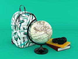 de volta às aulas com mochila wold globo livros e fones de ouvido 3d render foto