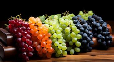 ai gerado diferente colori uvas em de madeira mesas que estão muito saboroso e doce frutas foto