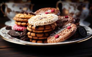 ai gerado Visão do saboroso biscoitos Comida dentro diferente camadas em uma prato foto