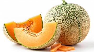 ai gerado Visão do delicioso fresco fruta muskmelon em uma branco fundo foto