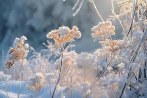 ai gerado inverno cenário com gelado gelo flores foto