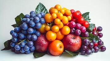 ai gerado Visão do delicioso fresco maçã, uvas, e de outros fruta em uma branco fundo foto