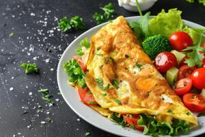 ai gerado saudável café da manhã comida, recheado ovo omelete com vegetal foto