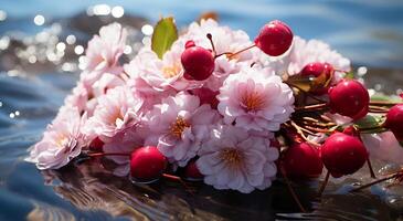 ai gerado diferente cores do rosas e cereja flores estão florescendo em a de praia foto