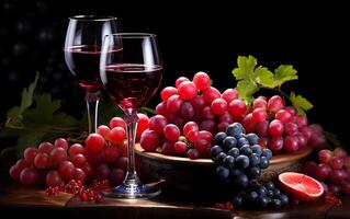 ai gerado uva suco dentro uma vinho vidro e vários frutas Sombrio rosa, cinzento e vermelho uvas às a inferior foto