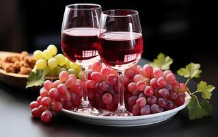 ai gerado uva suco dentro uma vinho vidro e vários frutas Sombrio rosa, cinzento e vermelho uvas às a inferior foto