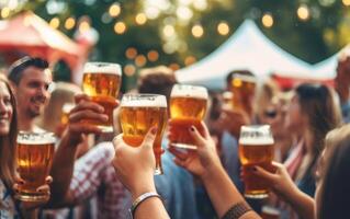 ai gerado feliz amigos torcendo Cerveja óculos às cervejaria bar jardim. generativo ai foto