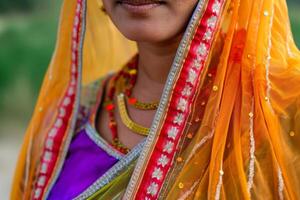 ai gerado indiano mulher vestindo vibrante tradicional saree. foto