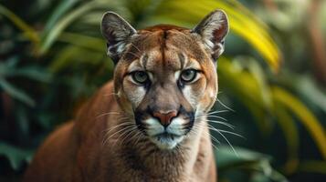 ai gerado retrato do Puma dentro floresta. americano puma ou montanha leão. foto