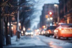 ai gerado americano centro da cidade rua Visão às Nevado inverno manhã, neural rede gerado imagem foto