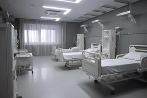 ai gerado recuperação quarto dentro hospital com confortável camas e médico equipamento, neural rede gerado fotorrealista imagem foto