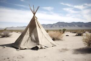 ai gerado nativo americano barraca dentro a deserto às ensolarado verão dia, neural rede gerado imagem foto