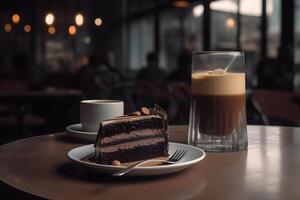 ai gerado chocolate bolo com vidro copo do café em cafeteria mesa, neural rede gerado imagem foto