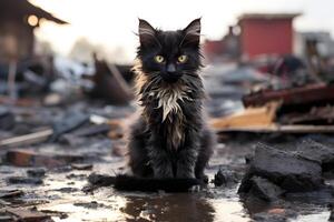 ai gerado sozinho, encharcado molhado, sujo e com fome doméstico gatinho depois de desastre em a fundo do arruinado casa, neural rede gerado fotorrealista imagem foto