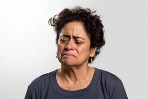 chorando adulto latim americano mulher, cabeça e ombros retrato em branco fundo. neural rede gerado fotorrealista imagem foto