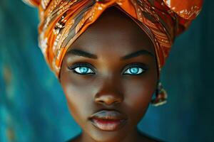 ai gerado retrato do lindo africano mulher com turbante e azul olhos foto