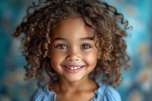 ai gerado uma fechar-se retrato do uma pequeno menina .ela é uma bonito, doce, atraente, curioso, criativo, alegre menina foto