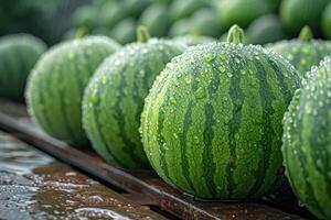 ai gerado grande quantidade do grande doce verde melancias dentro a chuva foto