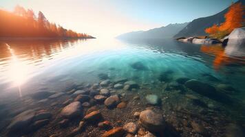 ai gerado suíço montanha lago com raso muito Claro água às verão nascer do sol, neural rede gerado fotorrealista imagem foto