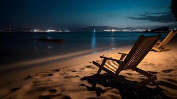 ai gerado dois esvaziar de madeira de praia cadeiras em areia de praia às noite - verão período de férias tema, neural rede gerado arte foto