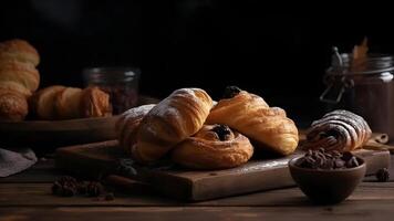 ai gerado recentemente cozido doce croissant sopro pastelaria pães com chocolate em de madeira quadro, neural rede gerado imagem foto