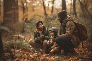 ai gerado diverso familiy dentro verão floresta parque às dia luz, neural rede gerado cenário foto