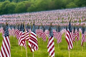 ai gerado memorial dia tributo. muitos pequeno americano bandeiras em uma verde grama, neural rede gerado fotorrealista imagem foto