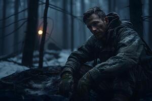 ai gerado sujo cansado soldado sentado dentro profundo floresta às inverno noite, neural rede gerado imagem foto