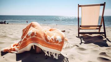 ai gerado verão período de férias cena em ensolarado areia de praia com toalha e oculos de sol, neural rede gerado arte foto