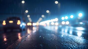 ai gerado carros em uma rodovia às chuvoso noite, fechar-se com seletivo foco e bokeh borrão, neural rede gerado imagem foto