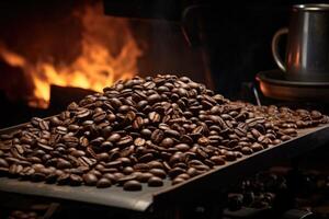 ai gerado assado café feijões fechar-se dentro pratos . colombiano café foto