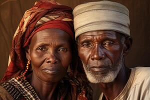 ai gerado retrato do a idosos africano casal em período de férias dentro nacional figurinos. viagem foto