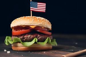 ai gerado Hamburger com pequeno americano bandeira em isto, Sombrio fundo, nos patriótico orgulhoso tema, neural rede gerado imagem foto