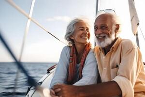 ai gerado lindo e feliz Senior caucasiano casal em uma barco a vela às ensolarado dia, neural rede gerado imagem foto