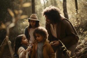 ai gerado diverso familiy dentro verão floresta parque às dia luz, neural rede gerado cenário foto