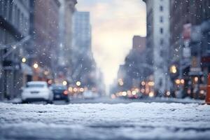 ai gerado americano centro da cidade rua Visão às Nevado inverno manhã, neural rede gerado imagem foto