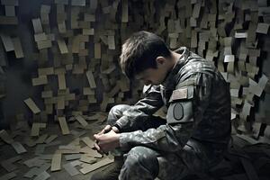 ai gerado jovem americano soldado sentado dentro uma quarto preenchidas com notas e cartas, ptsd conceito, neural rede gerado imagem foto