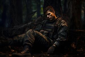 ai gerado sujo cansado soldado dorme sentado em profundo floresta chão às verão noite, neural rede gerado imagem foto