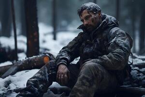 ai gerado sujo cansado soldado sentado dentro profundo floresta às inverno dia, neural rede gerado imagem foto
