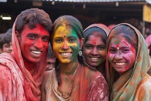 ai gerado sorridente pessoas, colori feliz rostos com vibrante cores durante a celebração do a holi festival dentro Índia. neural rede gerado imagem foto