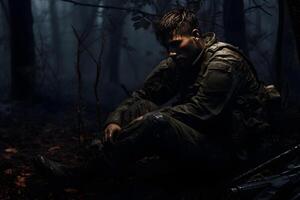 ai gerado sujo cansado soldado dorme sentado em profundo floresta chão às outono noite, neural rede gerado imagem foto