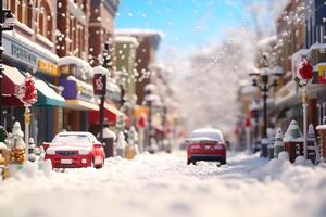 ai gerado americano brinquedo Cidade rua Visão às Nevado inverno dia, neural rede gerado imagem foto