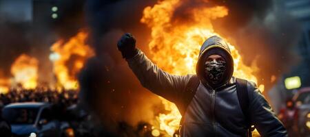 ai gerado rua tumulto dentro cidade com manifestantes e queimando carros, neural rede gerado fotorrealista imagem foto