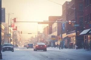 ai gerado americano Cidade rua Visão às Nevado inverno manhã, neural rede gerado imagem foto