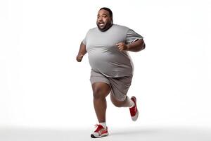ai gerado excesso de peso africano americano homem corrida em branco fundo, conceito do excesso de peso e peso perda. neural rede gerado fotorrealista imagem foto