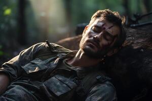 ai gerado sujo cansado soldado dorme em árvore raízes dentro profundo floresta às verão tarde, neural rede gerado imagem foto