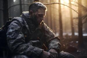 ai gerado sujo cansado soldado sentado dentro profundo floresta às inverno dia, neural rede gerado imagem foto