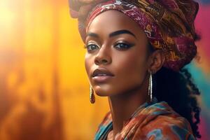 ai gerado lindo jovem adulto africano americano mulher com colorida cabeça cachecol em embaçado amarelo fundo. neural rede gerado fotorrealista imagem foto